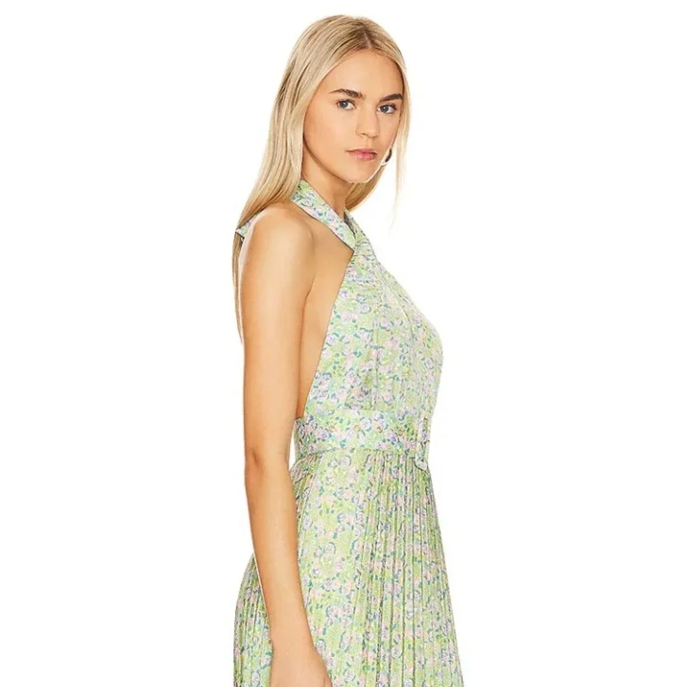 ByTiMo Plisse Pleated Halterneck‎ Maxi Dress In Green Garden Open Back  Large